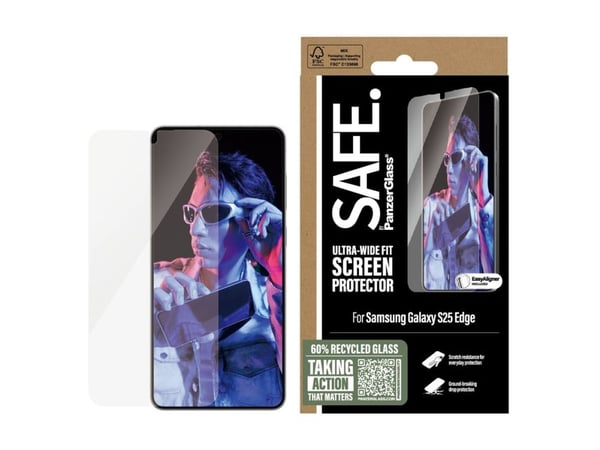 PanzerGlass SAFE. by ® Screen Protector Samsung S25 Edge | Ultra-Wide Fit, Samsung, Samsung - Galaxy S25 Edge 5G, Asennus kuivana, Naarmuuntumisenk...