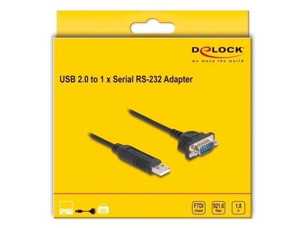 DeLOCK 67321, musta, 1,8 m, USB A-tyyppi, RS-232, Uros, Uros