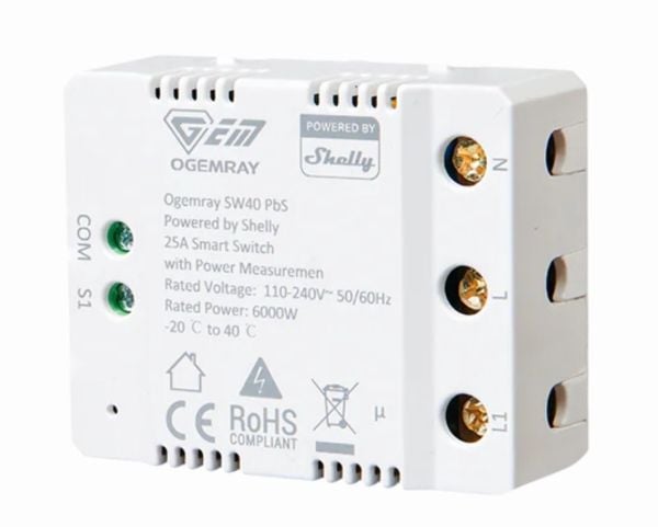 Ogemray Smart relay 25A - 1-vaiheinen älykäs rele tehonmittauksella - Powered By Shelly
