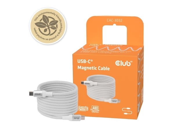 Club 3D - USB-kabel - 24 pin USB-C (hann) til 24 pin USB-C (hann) - USB 2.0 - 48 V - 5 A - 2 m - rullet sammen, USB Power Delivery (240 W), støtte ...