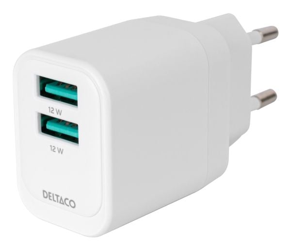 DELTACO - Strømadapter - 12 watt - 2 utgangskontakter (USB) - hvit
