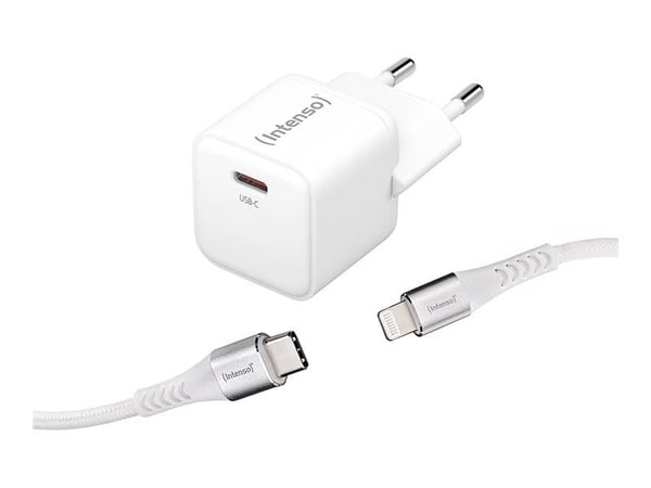 Intenso W30C - Strømadapter - GaN - (Lightning-kabel) - 30 watt - 3 A - PD 3.0, QC 4.0, PD/PPS (24 pin USB-C) - MFI-sertifisert - hvit