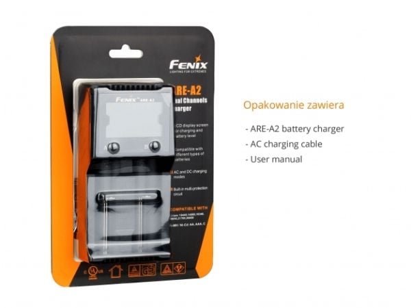 Fenix ARE-A2, Lithium Polymer (LiPo), Lithium-Ion (Li-Ion), Nikkel-kadmium (NiCd), Nikkelmetallhydrid (NiMH), Revers polaritet, Kortslutning, AA, A...