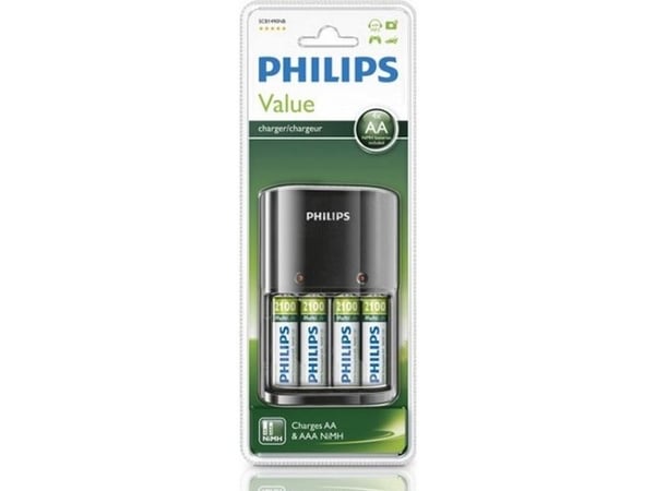 Philips MultiLife Batterilader SCB1490NB/12, Nikkelmetallhydrid (NiMH), AA, AAA, Batterier medfølger