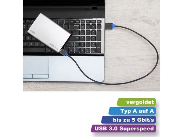 deleyCON 1m, 2xUSB3.0-A, 1 m, USB A, USB A, USB 3.2 Gen 1 (3.1 Gen 1), Hankjønn/hankjønn, Sort, Blå