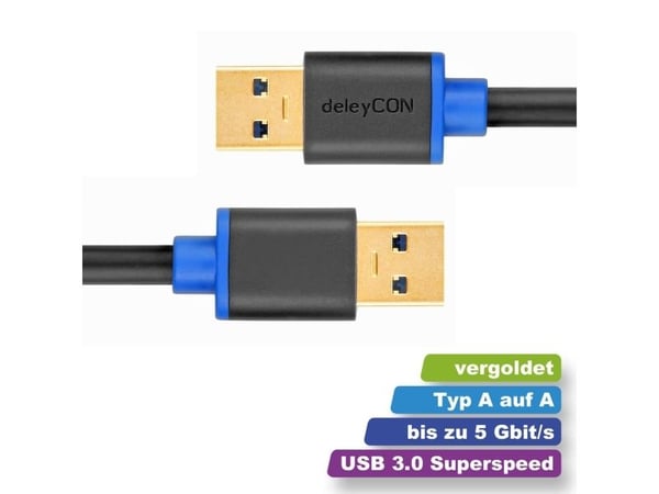 deleyCON 1m, 2xUSB3.0-A, 1 m, USB A, USB A, USB 3.2 Gen 1 (3.1 Gen 1), Hankjønn/hankjønn, Sort, Blå