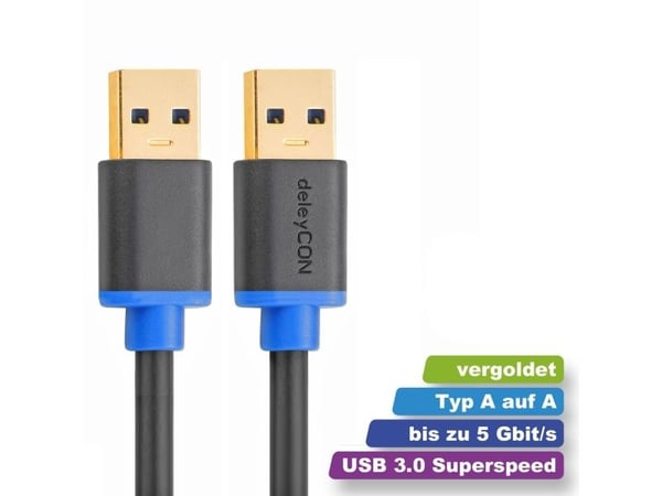 deleyCON 1m, 2xUSB3.0-A, 1 m, USB A, USB A, USB 3.2 Gen 1 (3.1 Gen 1), Hankjønn/hankjønn, Sort, Blå