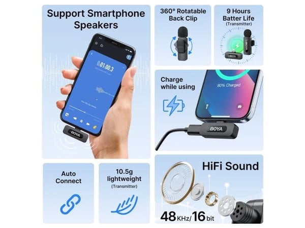 BOYA BY-V10 (V2.0), Mikrofon med klemme, 20 - 16000 Hz, 80 dB, Trådløs, USB, 100 m