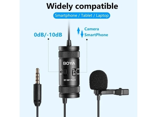 BOYA BY-M1 PRO II, Lavalier/lapel-mikrofon, -32 dB, 50 - 20000 Hz, 78 dB, Retningsuavhengig, Koblet med ledninger (ikke trådløs)