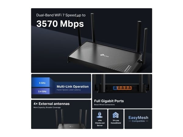 TP-Link Archer BE220, Wi-Fi 7 (802.11be), Dobbelbånd (2.4 GHz / 5 GHz), Ethernet/bredbåndsforbindelse, Svart, Frittstående router