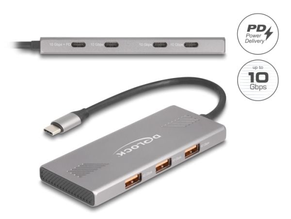 Delock 7-porttinen USB-keskitin 10 Gbps, jossa on 4 x USB Type-C-liitäntä ja 3 x USB Type-A-liitäntä PD 80 W:lla