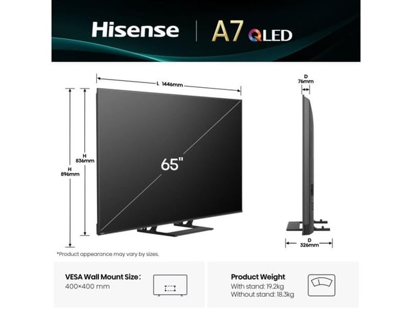 Hisense A7Q 65A7Q, 165,1 cm (65"), 3840 x 2160 pikseliä, QLED, Älytelevisio, Wi-Fi, Musta
