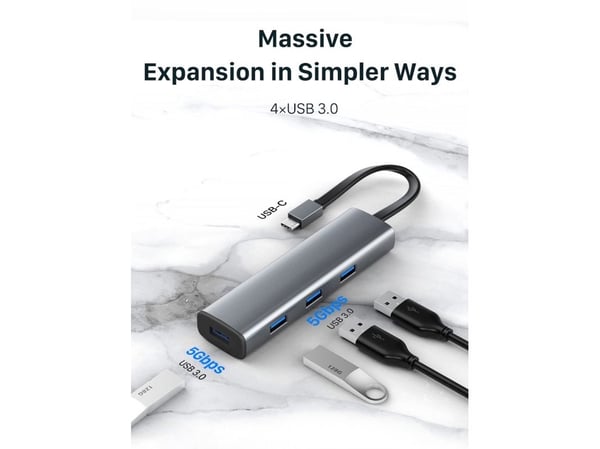USB-C-keskitin, 4x USB-A-porttia, USB 3.2 Gen 1, 5Gbps, tilaa