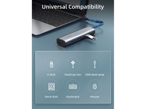USB-C-keskitin, 4x USB-A-porttia, USB 3.2 Gen 1, 5Gbps, tilaa