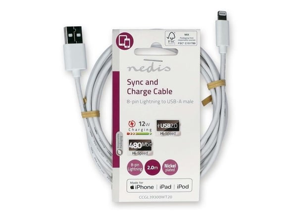 USB 2.0 Apple Lightning-kabel, MFI-godkänt, USB-A: