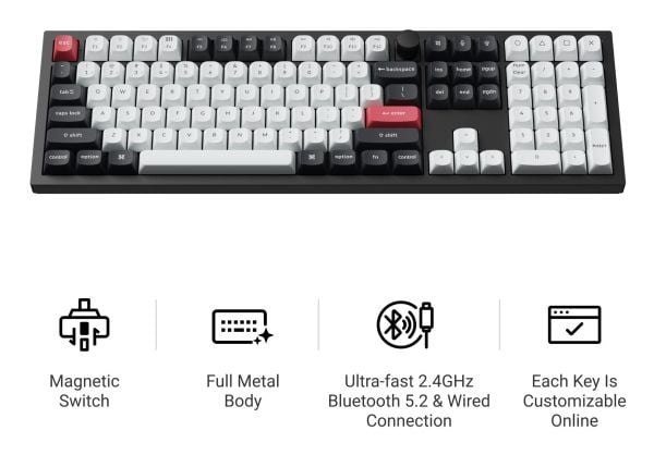 Keychron Q6 HE - Tastatur - QMK tilpasset, fullt montert knapp - 100% - full size - belyst - trådløs - Bluetooth 5.2, 2.4 GHz, USB-C - tastsvitsj: ...