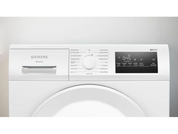 Siemens iQ300 WT43HV04, Frittstående, Frontmatet, Kondensasjon, Hvit, Rotasjon, Berøringskontroll, Riktig/Høyre