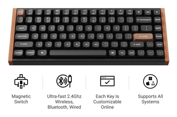 Keychron K2 HE - Tastatur - 75% - bakgrunnsbelyst - trådløs - 2.4 GHz, USB, Bluetooth 5.2 - tastsvitsj: Gateron Double-Rail Nebula (hot-swappable) ...