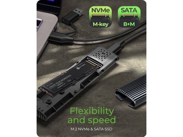 ICY BOX M.2 NVMe & SATA M.2 SSD-kabinett, USB 3.2 (Gen 2) Type-C/A, M-Key, verktøyløst, skrivebeskyttelse