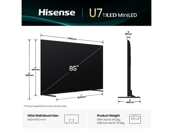 Hisense 85U7Q - 85" Diagonalklasse LED-bakgrunnsbelyst LCD TV - Smart TV - 4K UHD (2160p) 3840 x 2160 - HDR