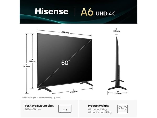 Hisense 50A6Q - 50" Diagonalklasse A6Q Series LED-bakgrunnsbelyst LCD TV - Smart TV - VIDAA - 4K UHD (2160p) 3840 x 2160 - HDR - Direct LED - svart