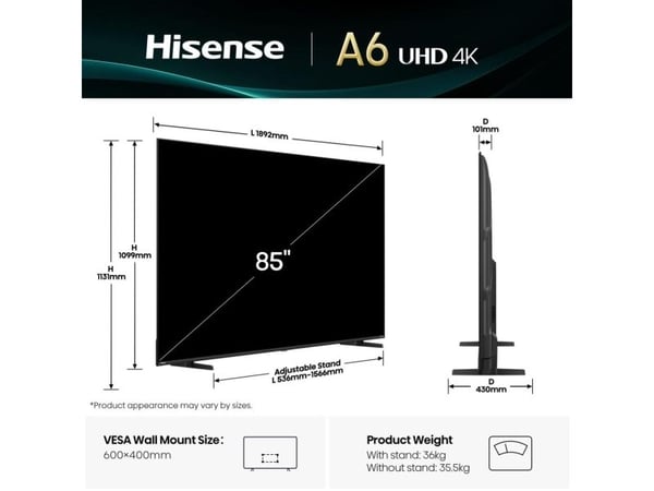 Hisense 85A6Q - 85" Diagonalklasse A6Q Series LED-bakgrunnsbelyst LCD TV - Smart TV - VIDAA - 4K UHD (2160p) 3840 x 2160 - HDR - Direct LED - svart