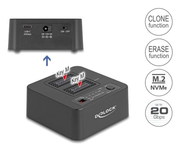 Delock - SSD-dokkestasjon - clone and erase function - brønner: 2 - M.2 - M.2 NVMe Card / PCIe (NVMe) - USB-C 3.2 (Gen 2) - svart