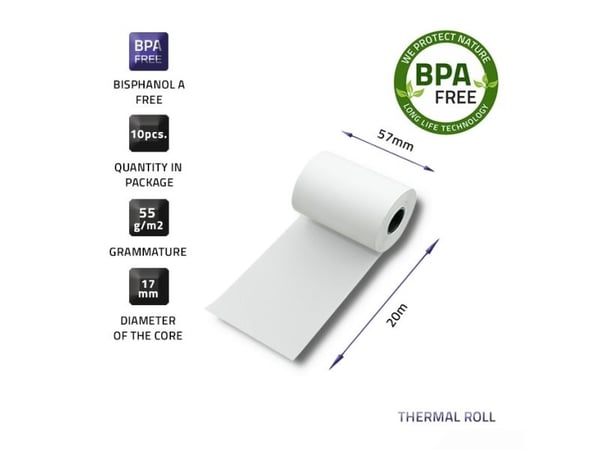 Qoltec - Hvit - Rull (5,7 cm x 20 m) - 55 g/m² - 10 rull(er) termisk papir