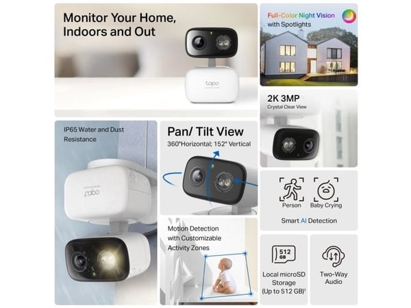 TP-Link Tapo C216, IP-sikkerhetskamera, Innendørs, Ledning & Trådløs, Amazon Alexa & Google Assistant, Tak/vegg/skrivebord, Hvit
