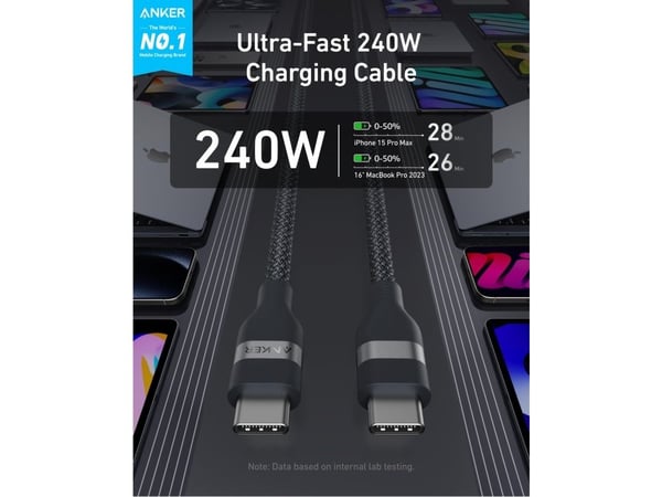 Anker - USB-kabel - USB-C (hann) til USB-C (hann) - 1.8 m - USB Power Delivery (240 W), braided - svart