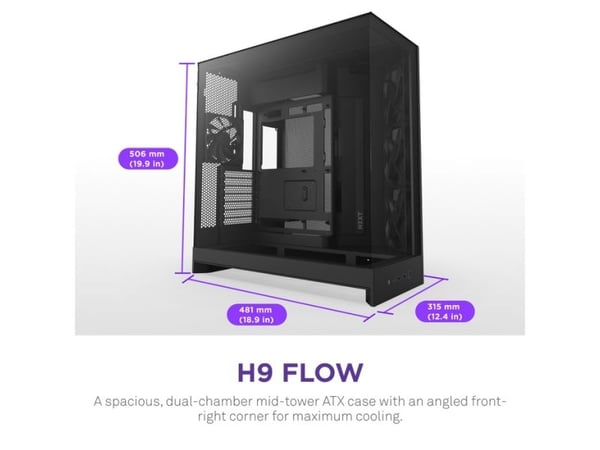 NZXT H9 Flow - Mid tower - utvidet ATX (E-ATX) - sidepanel med vindu (herdet glass) - ingen strømforsyning (ATX) - svart - USB/lyd