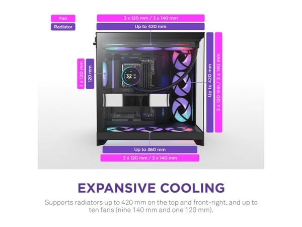 NZXT H9 Flow RGB, Midi Tower, PC, musta, ATX, EATX, mikro ATX, Mini-ITX, Verkko, SGCC, Karkaistu lasi, 16,5 cm