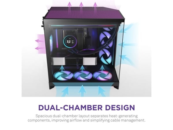 NZXT H9 Flow RGB, Midi Tower, PC, musta, ATX, EATX, mikro ATX, Mini-ITX, Verkko, SGCC, Karkaistu lasi, 16,5 cm