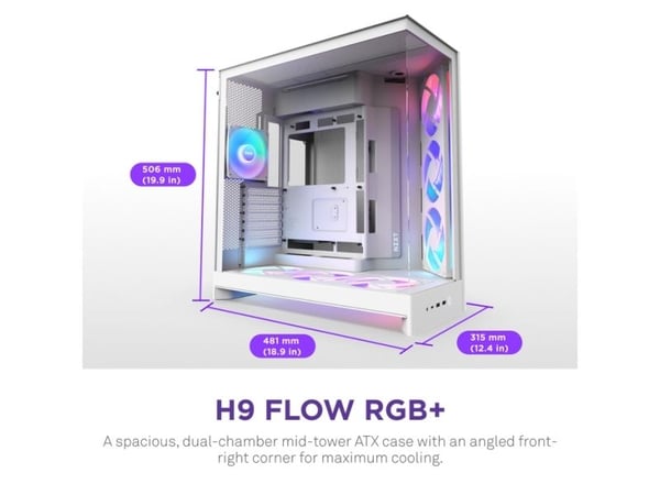 NZXT H9 Flow RGB+, Midi Tower, PC, Valkoinen, ATX, EATX, mikro ATX, Mini-ITX, Verkko, SGCC, Karkaistu lasi, 16,5 cm