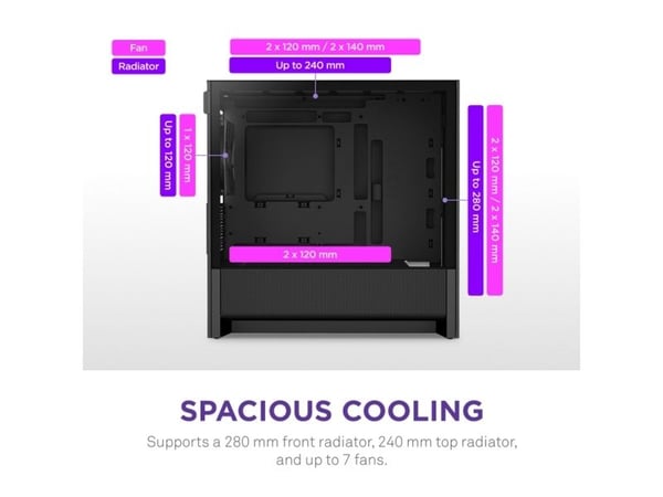NZXT H9 H3 Flow, Midi Tower, PC, musta, mikro ATX, Mini-ITX, Verkko, SGCC, Karkaistu lasi, 17 cm