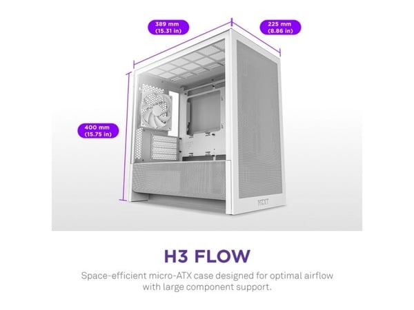 NZXT H9 H3 Flow, Midi Tower, PC, Valkoinen, mikro ATX, Mini-ITX, Verkko, SGCC, Karkaistu lasi, 17 cm