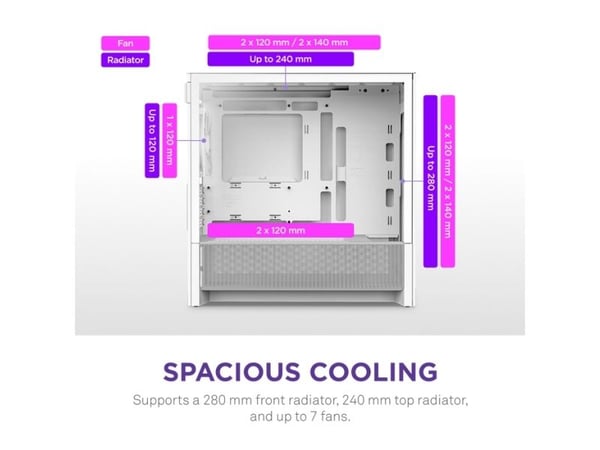 NZXT H9 H3 Flow, Midi Tower, PC, Valkoinen, mikro ATX, Mini-ITX, Verkko, SGCC, Karkaistu lasi, 17 cm