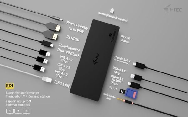i-Tec - Dokkingstasjon - USB-C / USB4 / Thunderbolt 3 / Thunderbolt 4 / Thunderbolt 5 - 2 x HDMI, Thunderbolt 4 - 1GbE, 2.5GbE - 160 watt - Europa