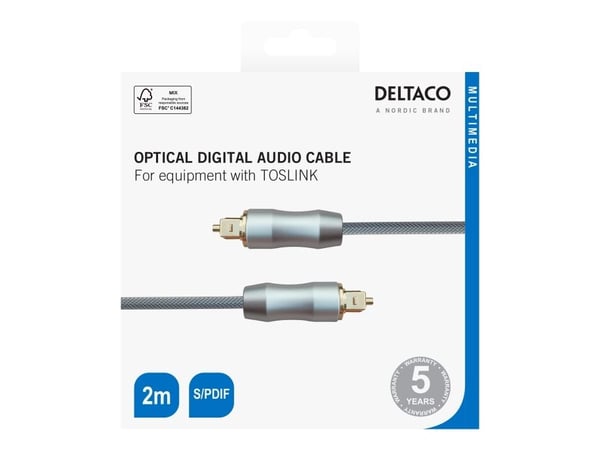 Deltaco Toslink optinen digitaalinen äänikaapeli, S/PDIF, 2 m, hopea, Toslink, Uros, Toslink, Uros, 2 m, musta