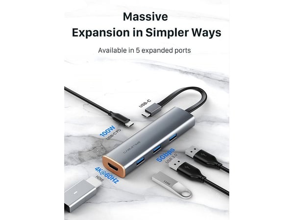 Cabletime HUBP5, USB Type-C, HDMI, USB 3.0, USB Type-C, 5000 Mbit/s, 3860 x 2160, 2160p, 3860 x 2160 piksler