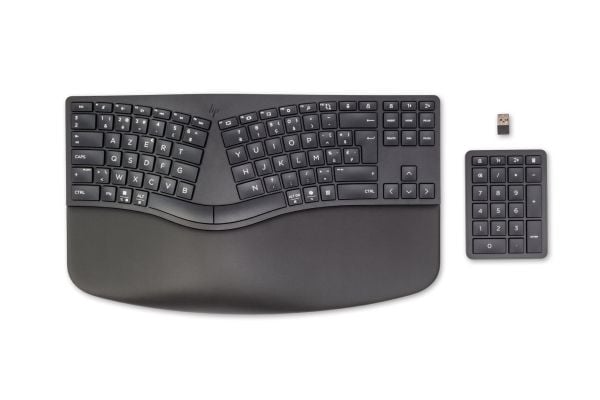 HP 960 Ergonomic Wireless Keyboard, Full størrelse (100 og), Trådløs, RF trådløs + Bluetooth, Membrannøkkelbryter, AZERTY, Svart