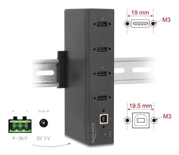Delock teollisuuskeskitin 4 x USB 2.0 Type-A (60686)