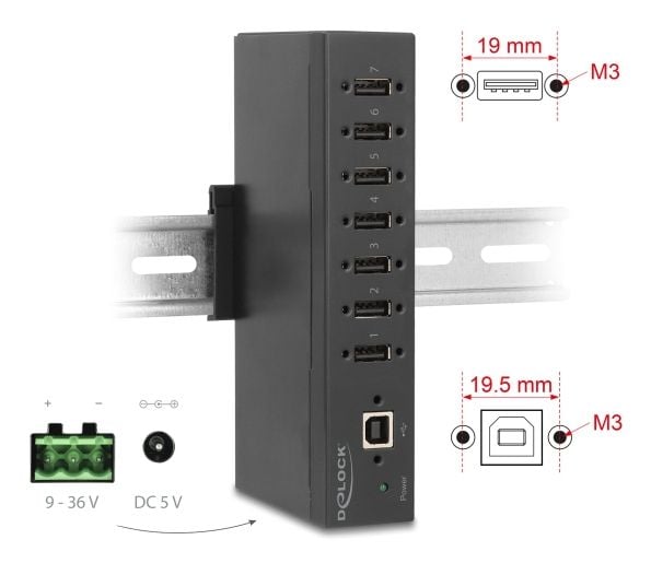 Delock industriell hub 7 x USB 2.0 Type-A med 15 kV ESD-beskyttelse og (60687)