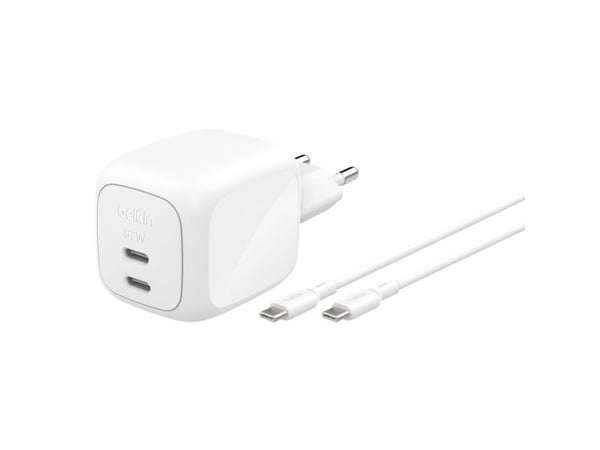 Belkin BoostCharge Pro - Strømadapter - GaN - 67 watt - Fast Charge - 2 utgangskontakter (2 x USB-C) - hvit - med USB-C-kabel (2m)