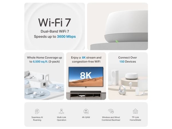 TP-Link DECO BE22, Hvit, Innvendig lys, Mesh system, Dobbelbånd (2.4 GHz / 5 GHz), Wi-Fi 7 (802.11be), 3600 Mbit/s