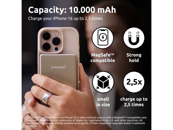 Intenso MW10000, 10000 mAh, Lithium Polymer (LiPo), Power Delivery, Programmable Power Supply (PPS), Trådløs lading, 3,85 V, Sjampagne