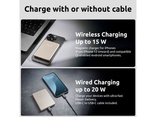 Intenso MW5000, 5000 mAh, Lithium Polymer (LiPo), Power Delivery, Programmable Power Supply (PPS), Trådløs lading, 3,85 V, Sjampagne