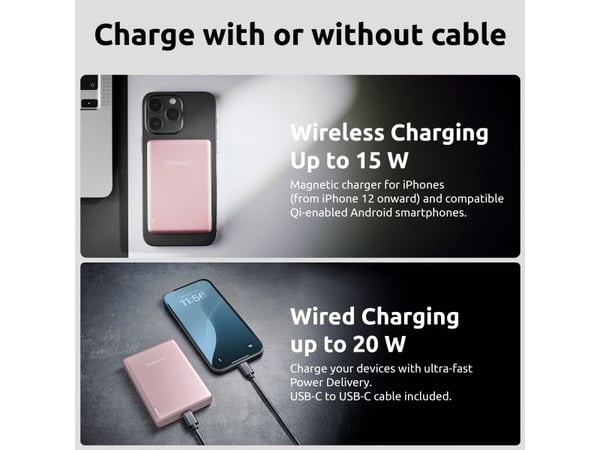 Intenso MW10000, 10000 mAh, Lithium Polymer (LiPo), Power Delivery, Programmable Power Supply (PPS), Trådløs lading, 3,85 V, Rosa