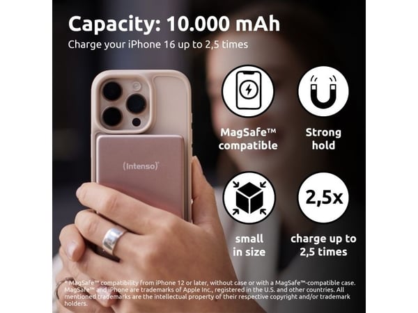 Intenso MW10000, 10000 mAh, Lithium Polymer (LiPo), Power Delivery, Programmable Power Supply (PPS), Trådløs lading, 3,85 V, Rosa
