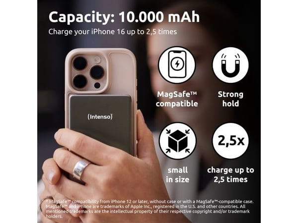 Intenso MW10000, 10000 mAh, Lithium Polymer (LiPo), Power Delivery, Programmable Power Supply (PPS), Trådløs lading, 3,85 V, Grå